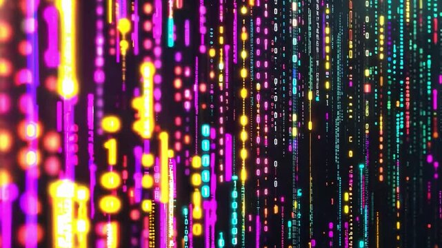 Bright streams of digital data and binary codes flow in various colors, showcasing the energy of technology and innovation against a dark background.