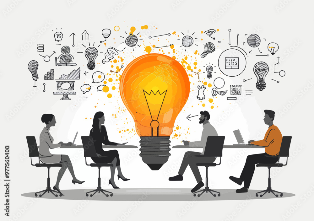 Poster team brainstorming session with light bulb idea symbol, collaborative project discussion, conceptual