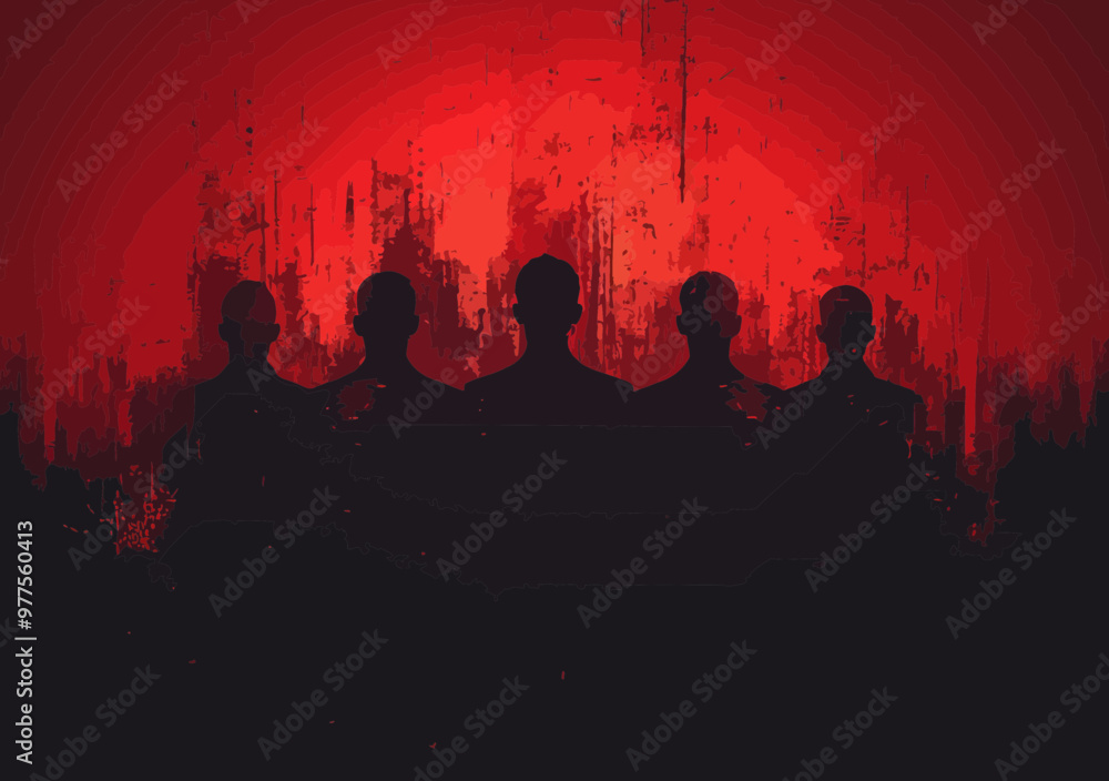 Poster leader standing out in front of team silhouettes with red background representing leadership and tea