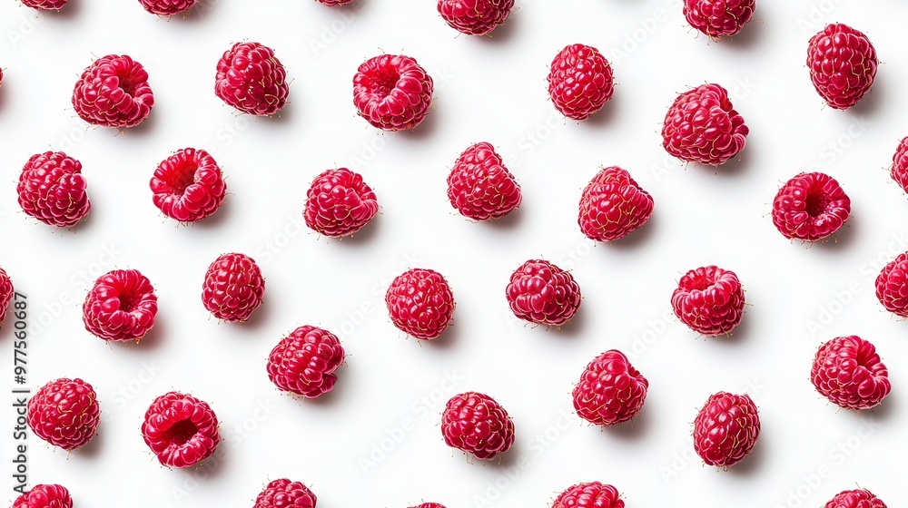 Poster the pattern of fresh red raspberries is from a flat view, isolated on a background, a summer fruit f