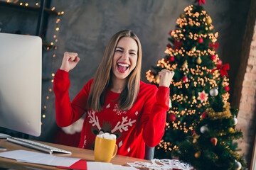 Photo of lovely cheerful girl work computer winning dressed christmas garment tradition atmosphere decor vibe house indoors room