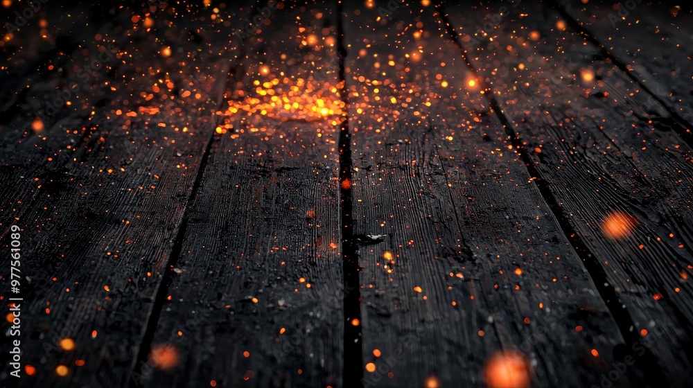 Poster a wooden table with a burning fire at the edge, sparks and smoke with flames on a dark background fo