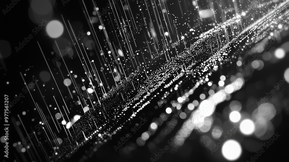 Poster White binary code rains down on dark background in an abstract black and white image.
