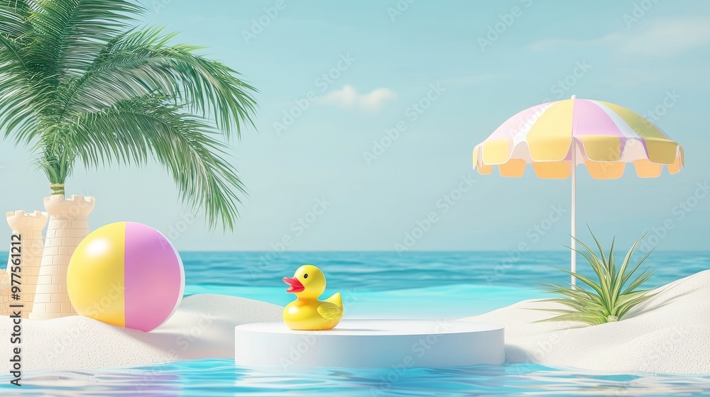 Poster A 3D rendered scene of the podium displays displayed on a summer sea background with a unicorn inflatable ring, a duck, a beach ball, and an umbrella.