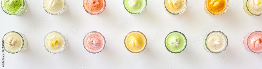 Aufkleber A flat lay view of fruit smoothies in a glass with a background image. Healthy summer drinks to hydrate you during the warmth of the summer.