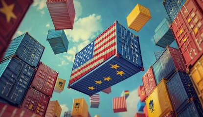 Fototapeta premium EU and US flags containers crash in the sky in the middle of the US-EU trade war