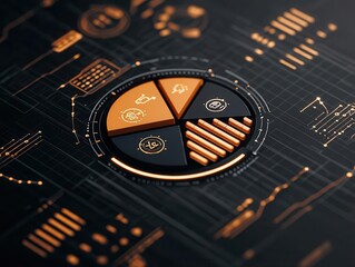 Obraz premium A digital pie chart showing business budget allocation, surrounded by operational flow arrows and financial growth symbols