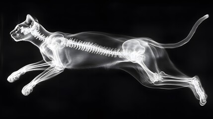Naklejka premium X-ray of a Cat in Mid-Leap: A detailed X-ray image of a cat mid-leap, showing the skeletal structure in motion against a dark background. 