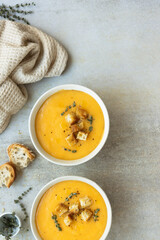 Pumpkin soup with vegetarian cooking ingredients, Top view. Vegan diet. Autumn harvest. Healthy and clean food concept. Zero waste