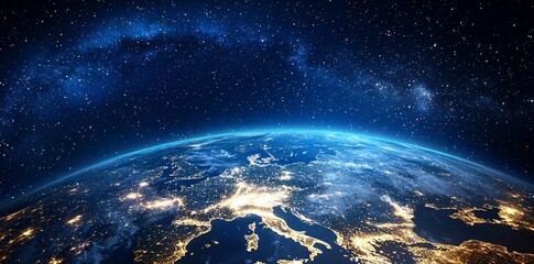 Obraz premium Digital map of the Earth from space, showing lights by night, the Middle East, Africa, and Asia