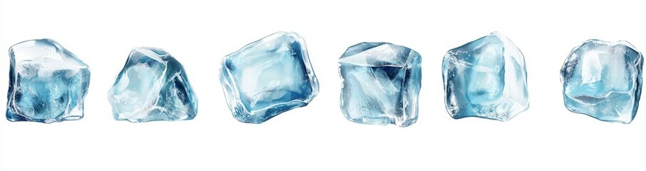 Obraz premium Isolated collection of various shapes and sizes of crystal ice cubes for cold drinks.