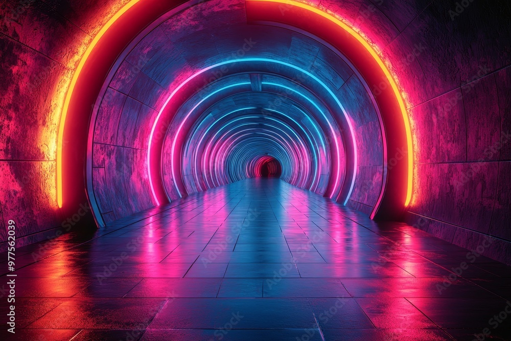 Fototapete Creating a futuristic and dynamic visual experience, this abstract geometric tunnel features neon colors.
