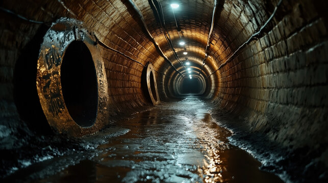 Fototapeta Dimly lit underground sewer tunnel made of brick, featuring large circular drainage pipes and wet, muddy floor reflecting light from hanging lamps.