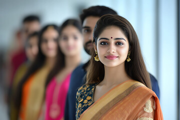 A group of young professionals in an office environment, some in modern business attire, others in traditional kurtas or sarees, reflecting the blend of modern and traditional in Indian workplaces.