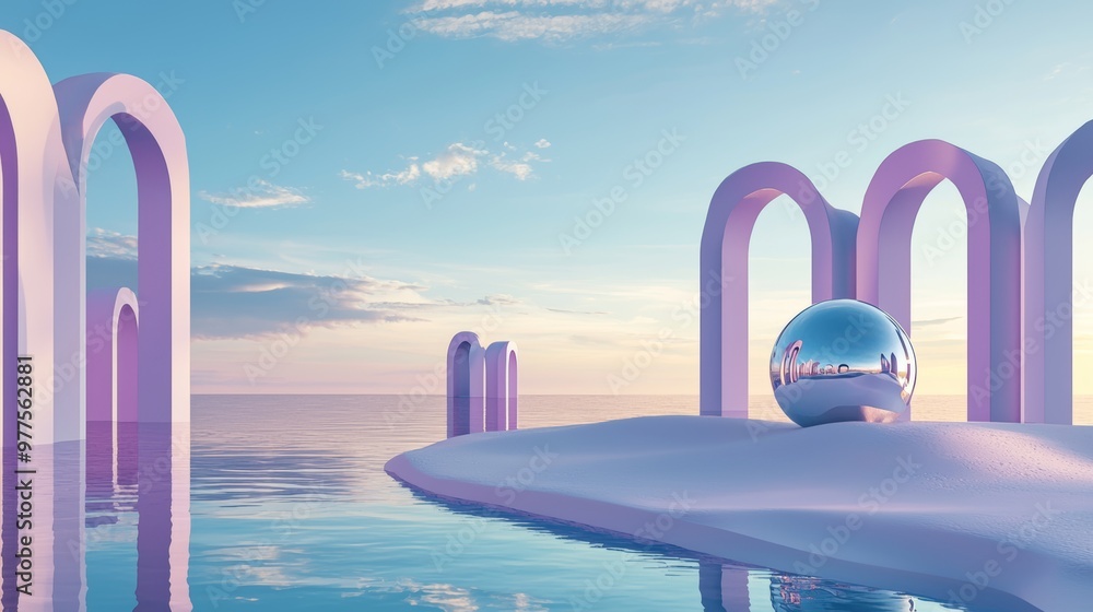 Leinwandbilder the 3d render shows a distant pastel violet island and tree with an abstract geometric shape arch an