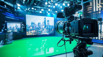 It features two professional cameras, three large screens, and lighting equipment with a circular green screen on the floor. A cityscape can be seen behind three large screens.