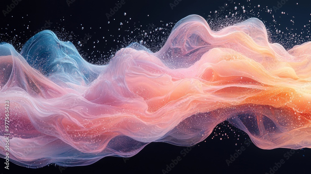 Poster an abstract wave of colorful fabric-like forms on a dark background, creating a dynamic and fluid vi