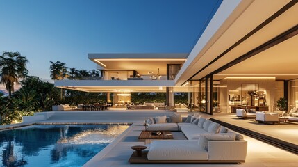 Fototapeta premium A luxurious modern house exterior with a natural seating area.