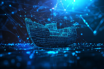 Abstract digital background of Noah's Ark from the biblical story, interwoven with data connections in blue and black tones.