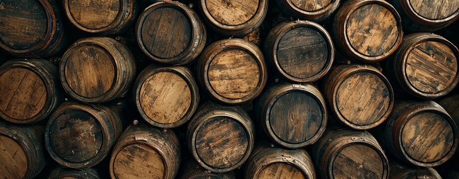 In a warehouse, old whiskey, scotch, and wine barrels are stacked.