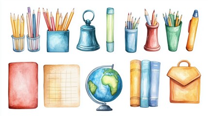 A set of watercolor illustrations featuring colorful stationery, a globe, and a bell, symbolizing the start of a new school year, arranged against a clean white backdrop.