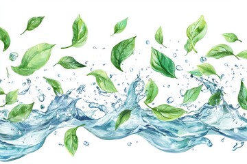 Flowing liquid splashed with green leaves isolated on white background, spilled drink flowing in wave form like a river.