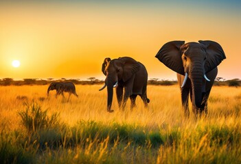 Fototapeta premium vibrant savanna landscape featuring diverse animal shapes under clear blue sky lush green grass golden sunlight, wildlife, animals, nature, grassland