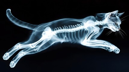 Naklejka premium X-ray of a Cat in Mid-Leap: A detailed X-ray image of a cat mid-leap, showing the skeletal structure in motion against a dark background. 