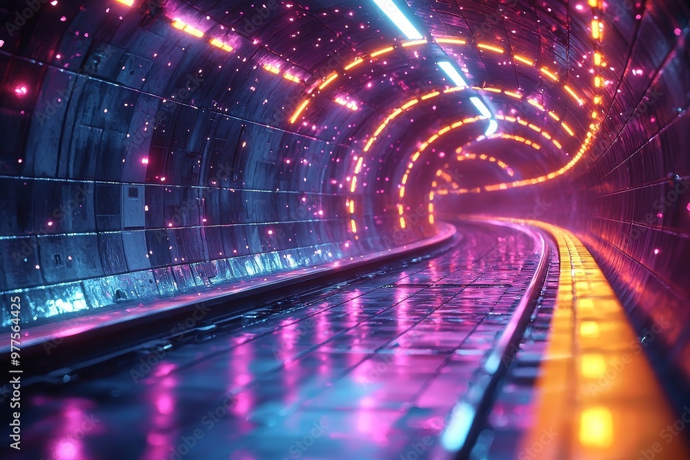 Poster neon streaks create a futuristic tunnel effect.