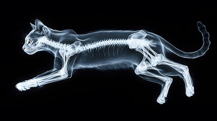 Fototapeta premium X-ray of a Cat in Mid-Leap: A detailed X-ray image of a cat mid-leap, showing the skeletal structure in motion against a dark background. 