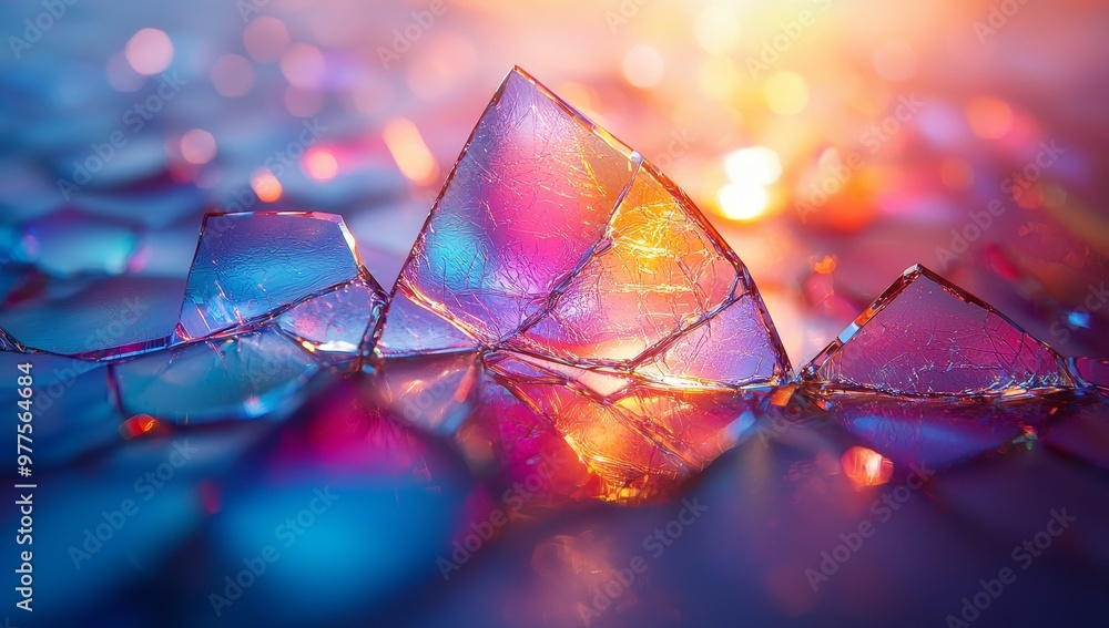Poster crystal fragments with iridescent colors and reflected light in an abstract closeup