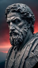 Grey stone statue of a stoic Greek figure with deep cracks revealing its ancient history