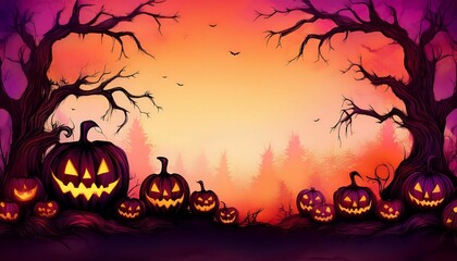 Fototapeta premium Pumpkins with Haunted Forest Background - Black silhouette pumpkins line the bottom of the scene, with twisted tree branches framing the edges. Vibrant colors. Copy space. Graphic art illustration