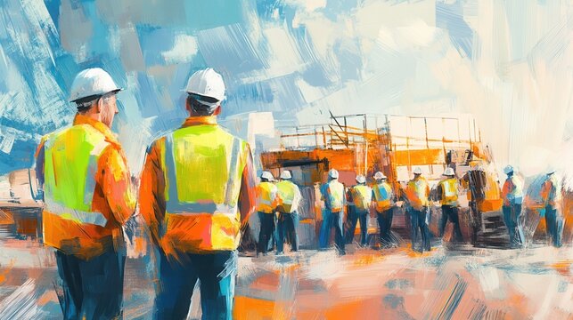 Workers in safety gear collaborate on a construction site under a vibrant sky, illustrating teamwork and industrial progress.