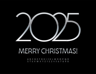 Vector elite poster Merry Christmas 2025! Elegant Silver Font. Slim Metallic Alphabet Letters and Numbers set.