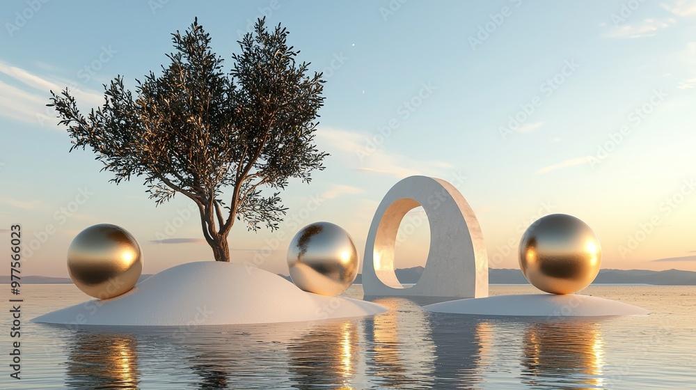 Fototapete a 3d render of an abstract surreal landscape of a pastel dune framed by a purple tree and minimal ar