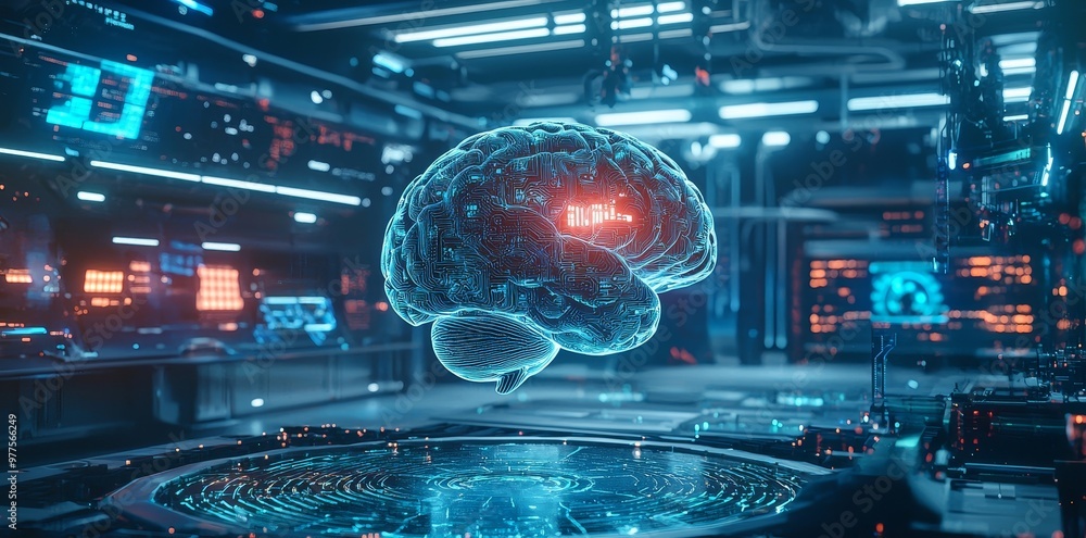 Poster There is AI text referring to stock, technology, data science, and innovative Internet projects in the futuristic brain