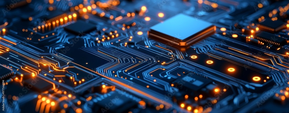 Leinwandbilder Blue circuit board background with bokeh lights. Digital concept banner on dark background with modern technology
