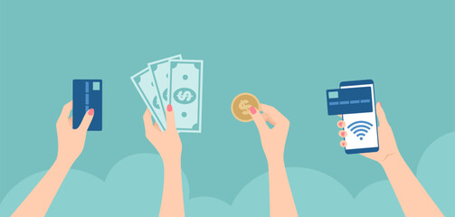 Female hands holding card, banknotes, coin and smartphone with contactless payment. Payment methods set. Flat vector illustration