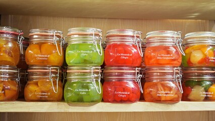close up of jars of fruit mustard handcrafted by a bakery in Mantua, Italy