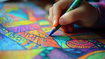 Naklejka premium Hand Holding a Crayon Drawing on Paper: A child’s hand gripping a crayon, drawing vibrant shapes and patterns on a piece of paper. 
