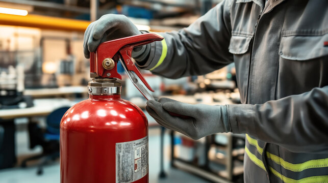 Close-up of a worker inspecting a red fire extinguisher in a workshop or industrial setting, wearing protective gloves and uniform.