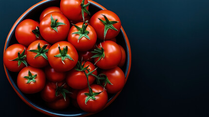 Top view of a bowl filled with fresh, red tomatoes on the vine against a dark background, highlighting their vibrant color and green stems.