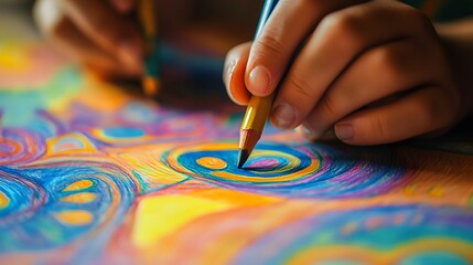 Obraz premium Hand Holding a Crayon Drawing on Paper: A child’s hand gripping a crayon, drawing vibrant shapes and patterns on a piece of paper. 