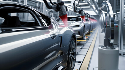 Fototapeta premium Automobile production line. Modern car factory. Automatic production line.