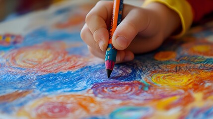 Naklejka premium Hand Holding a Crayon Drawing on Paper: A child’s hand gripping a crayon, drawing vibrant shapes and patterns on a piece of paper. 