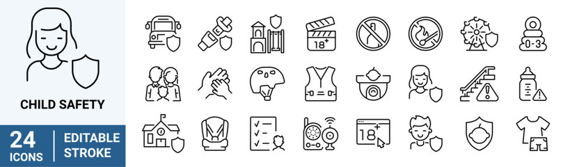 Child Safety line web icon set with protection, guarding, violence, abuse, neglect, quality education.