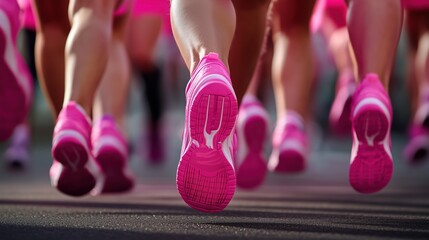 Close-up of multiple women in pink sportswear running during a cancer awareness race event, showcasing their legs and shoes in motion from a side view. The scene captures the dynamic energy of the par