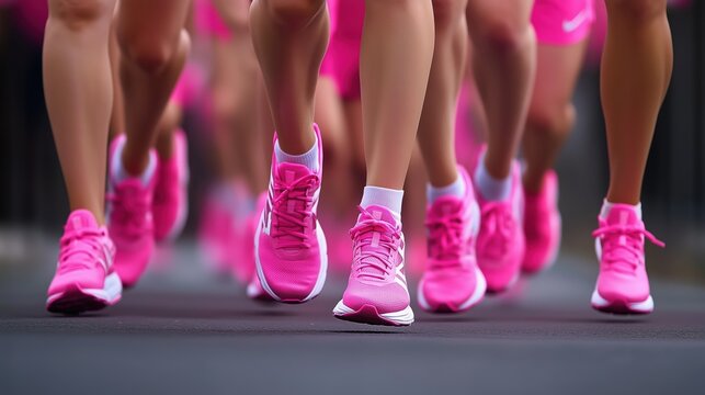 Close-up of multiple women in pink sportswear running during a cancer awareness race event, showcasing their legs and shoes in motion from a side view. The scene captures the dynamic energy of the par