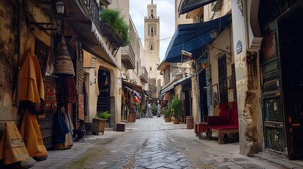 Fototapeta premium Exploring the medina of Fez, Morocco, immerses you in a labyrinth of narrow alleys filled with vibrant markets, historic mosques, and centuries-old buildings. The lively atmosphere and rich 